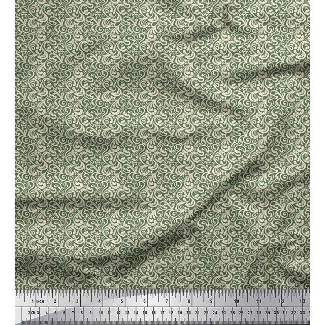 Soimoi Green Modal Satin Fabric Filigree Damask Printed Fabric 1 Yard 42 Inch Wide