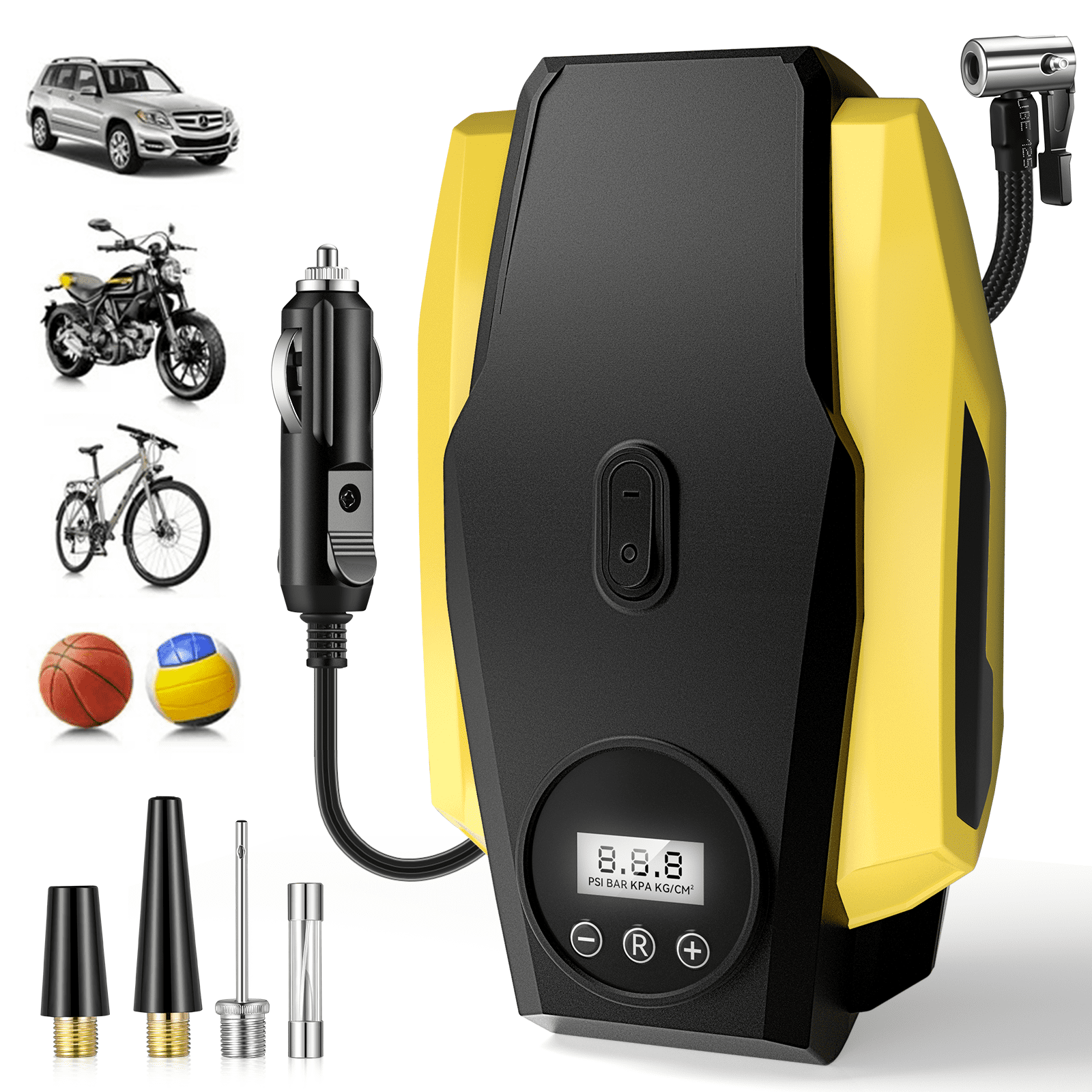 Carluck Tire Inflator Portable Air Compressor - Air Pump for Car Tires - 12V DC Compact Tire Pump with Auto Shutoff Function - Multipurpose Car Accessory with LED Light, Yellow