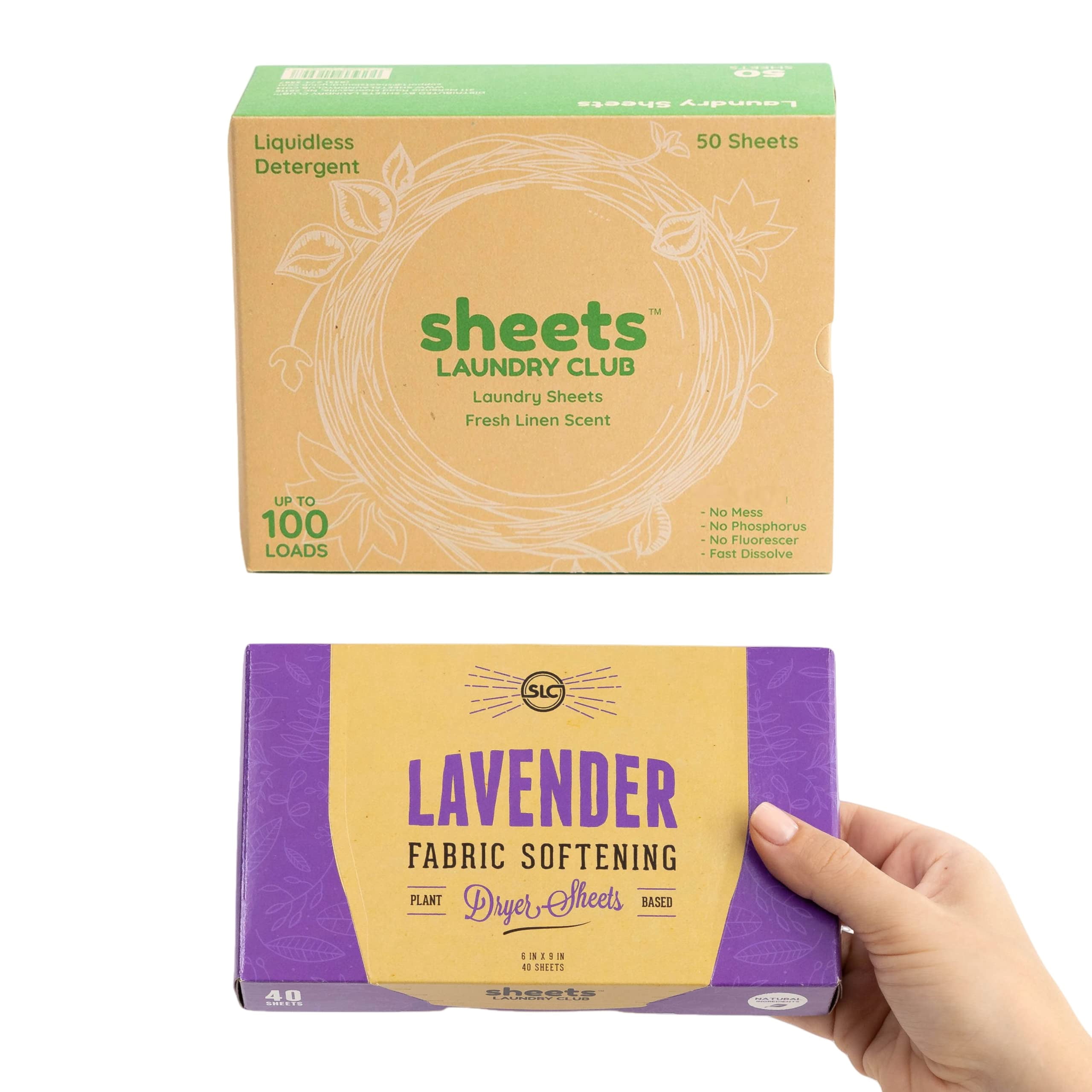 Sheets Laundry Club Bundle - 50 Pack (Up To 100 Loads) Fresh Linen Detergent Sheets & 40 Pack Lavender Dryer Sheets - New Liquidless Technology Travel Essential Cleaning Supplies