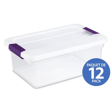 Sterilite 14 Liter ClearView™ Latch Box, Small Clear Plastic Storage Bin with Lid, Purple Latch - 12 Pk