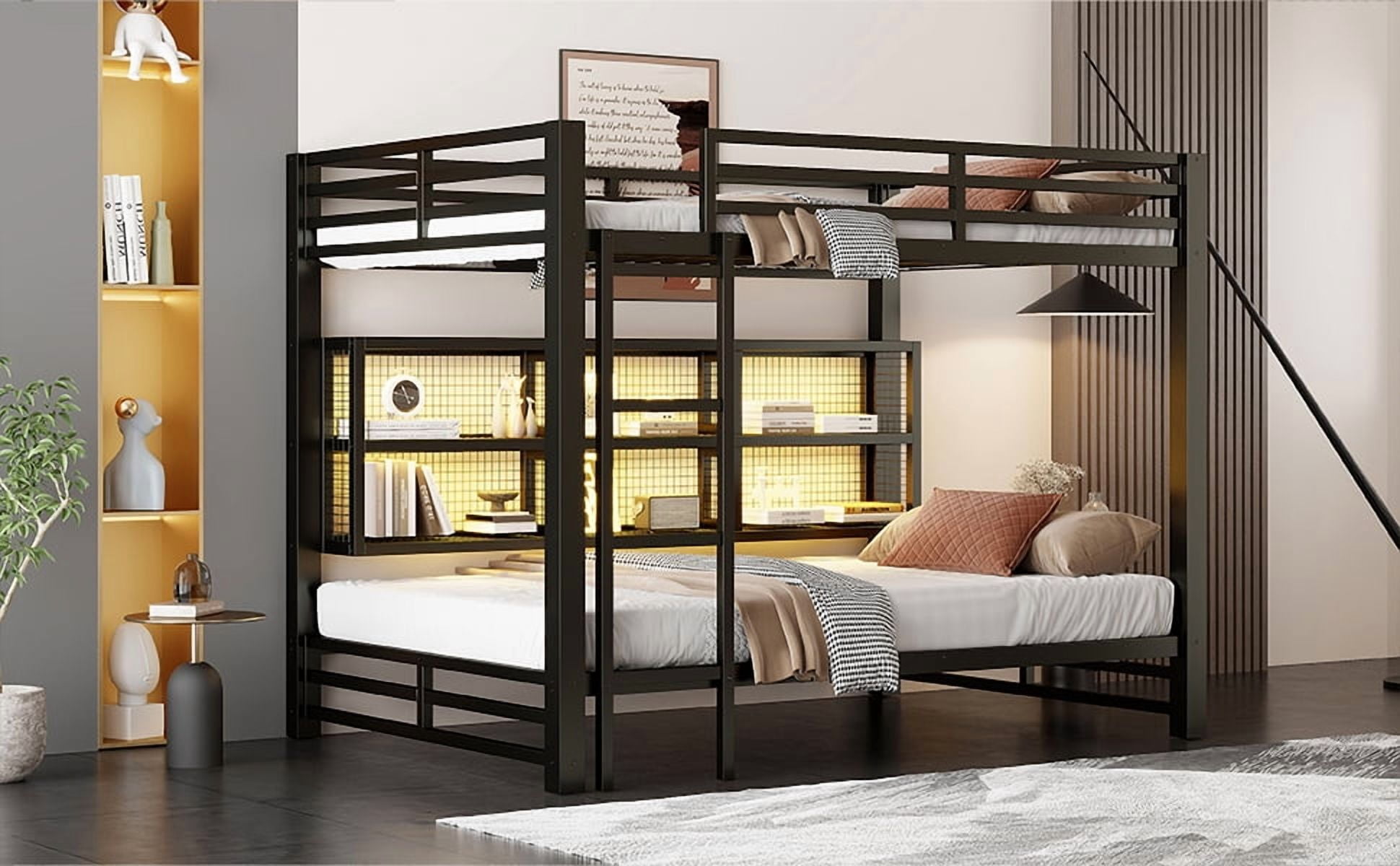 Noble House Metal Queen over Queen Bunk Bed with Storage Cabinets and LED, Black