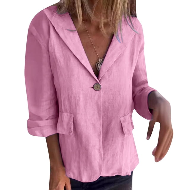 MIASHUI Loose Fit Solid Color Button-Up Notched Collar Linen Blend Blazer Cardigan for Women Bohemian Style Lightweight Jacket Pink,L