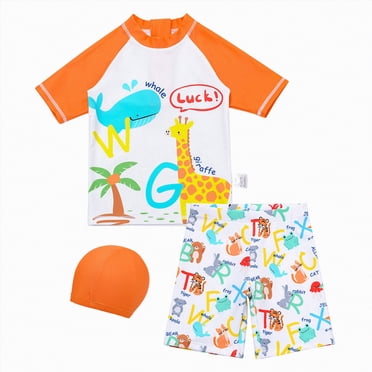 Gubotare Toddler Swimsuit Boys Swimsuits UPF50+ Swimwear Set Two Piece Rash Guard with Hat 2T 3T (Orange,2-3 Years)