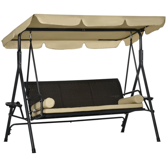 Outsunny 3-Seat Porch Swing with Canopy Outdoor Swing Chair w/ Rattan Seat