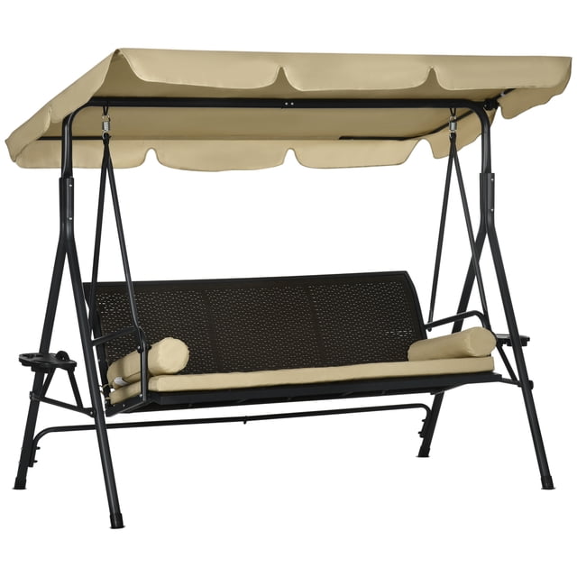 Outsunny 3-Seat Porch Swing with Canopy Outdoor Swing Chair featuring a khaki adjustable polyester canopy, black steel frame, and handwoven PE rattan seat. Includes a seat cushion, two side pillows, cup holders, and tray space. Designed for up to three people with a weight capacity of 704 lbs. Ideal for patios, gardens, and outdoor relaxation. Categorized as canopy swings and patio furniture.