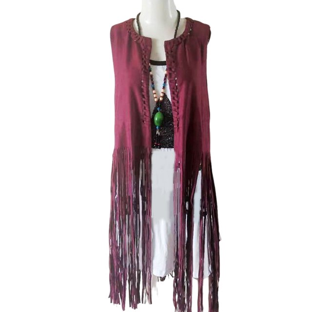 QualitChoice Gilet Sans Manches pour Femmes à devant Ouvert Style Western Respirant à Franges Jupe Délicate Retrait de Taille Cardigan Attrayant Rouge Vin m