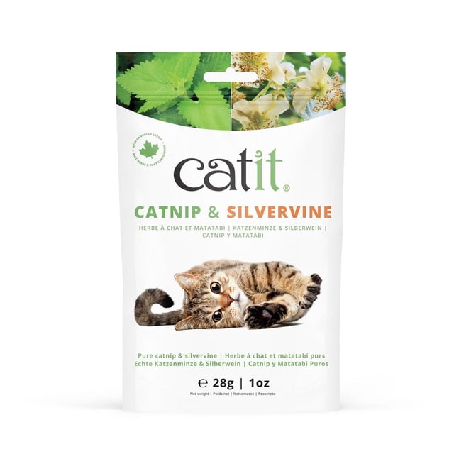 Catit Catnip and Silvervine Mix for Cats 28 g package featuring a playful tabby cat lying on its side, with images of green catnip leaves and white silvervine flowers on top, designed to stimulate cats, relieve anxiety, and enhance play on toys or scratchers.