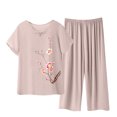 thumbnail image 1 of Weiqiqre Ensemble de Pyjama pour Femmes 2 Pcs Tenues en Lin Manches Courtes Imprimé Floral Ensembles de Détente Col Ras du Cou Complets d'Été, 1 of 3