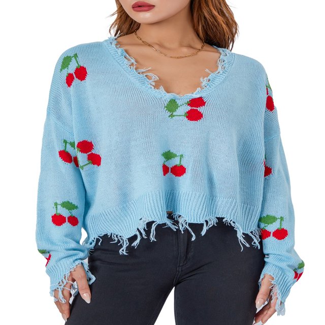 Chandail à Franges Cerise/carreaux pour Femmes avec Col en V et Manches Longues