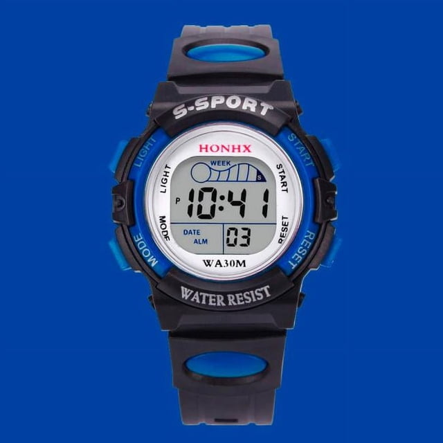 TIMIFIS Smart Watch Waterproof Children Boys Digital LED Sports Watch in black and blue with a silicone strap and acrylic dial. Features include digital display, alarm, date, stopwatch, luminous display, and life waterproofing. Dial diameter is 37mm, and the strap length is 23.6cm. Suitable for kids and sports activities.