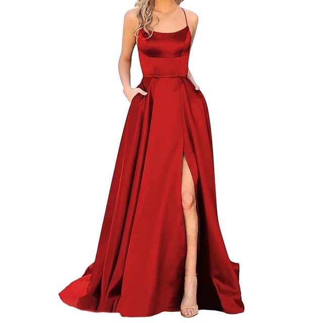 B91xZ Robe Décontractée pour Femmes, Formelle, Col en V, à Volants, Fendue, Soirée, Longue, Rouge, TTG