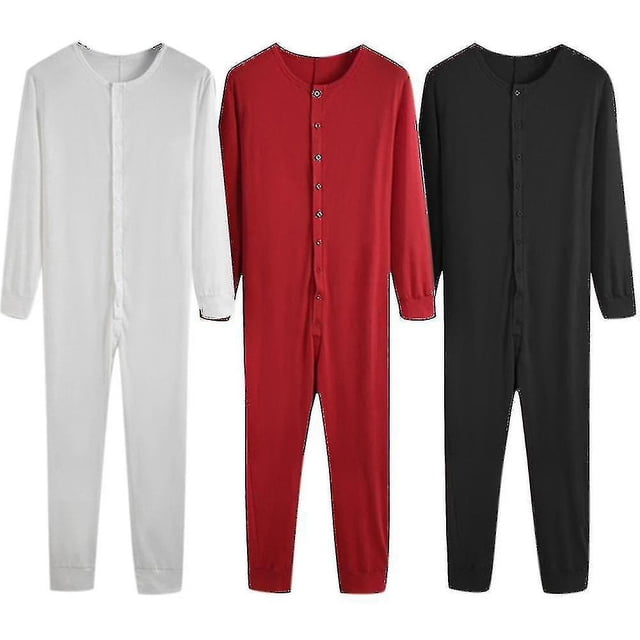 Pyjama une Pièce pour Homme en Mélange de Coton, Offert en Couleurs Blanc, Rouge et Noir. Le design Présente une Fermeture à Boutons Pleine Longueur et des Manches Longues, Offrant une Coupe Confortable. Convient aux Tailles P à 3TG.