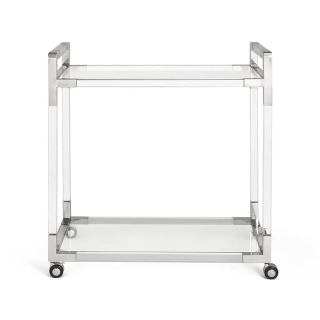 Bar Serving Silver Cart with Acrylic, a 32-inch bar cart with clear acrylic panels and two tempered glass shelves framed in silver stainless steel, mounted on caster wheels for easy movement, often used for serving drinks or as a mobile storage unit in kitchen and dining spaces.