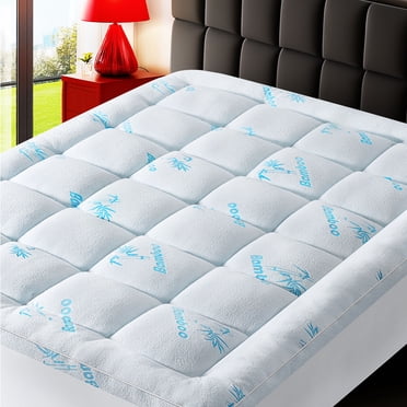 Surmatelas en Bambou Pleine Grandeur pour Mal de Dos, Couvre-Matelas Extra Épais et Doux avec Poche Élastique Profonde de 8 à 21 Pouces, Duvet Moelleux Doux, Bleu