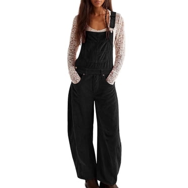 yoeyez Jumpsuits for Women Spring,Womens Corduroy Wide Leg Cargo Overalls Rompers Sleeveless Adjustable Straps Long Playsuits Rompers Jumpsuit With Pockets Black,XL