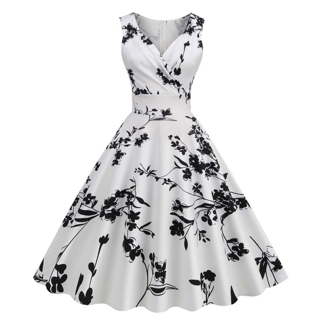 Robes de Cocktail de Fête Imprimées Vintage Sans Manches à Col en V pour Femmes, Robes Extensibles