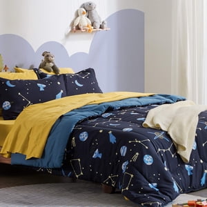 SLEEP ZONE Kids Bedding Comforter Set Full/Queen Size - 7 Pieces Super Cute & Soft Bedding Sets & Collections with Comforter, Sheet, Pillowcase & Sham - Fade Resistant Easy Care (Blue Galaxy)
