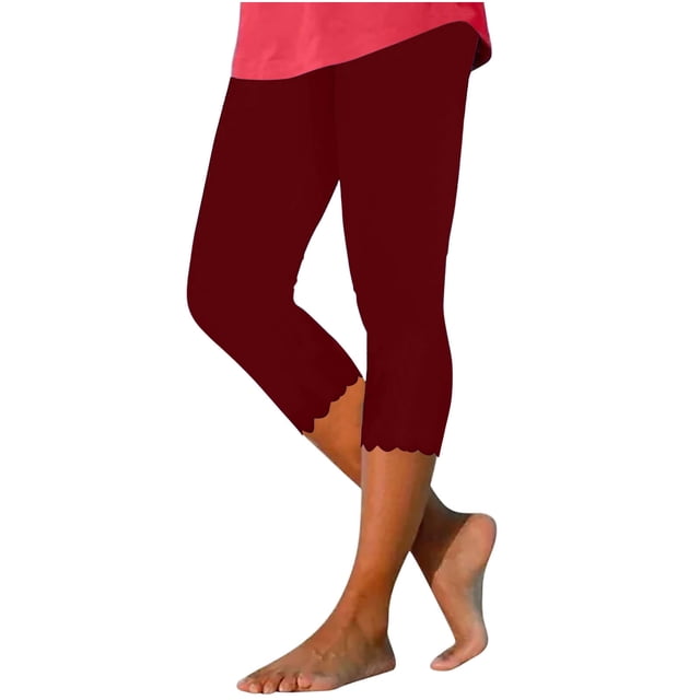 Capris Leggings Femmes Pantalon Court Jambe Échancrée Grande Taille Polyester Pantalons Décontractés pour Dames Pantalons Capris Style C-335 Bordeaux S