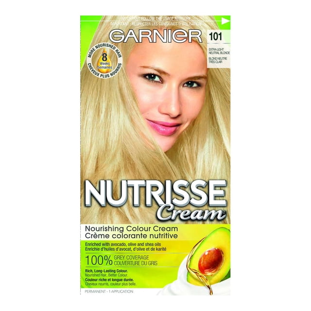 Garnier Nutrisse Teinture Capillaire Permanente Ultra Crème en 101 Blond Neutre Extra Clair, Crème de Couleur Nourrissante Enrichie d'Huiles d'Avocat, d'Olive et de Karité, Offrant une Couverture 100 % des Cheveux Gris et une Couleur Vibrante et Longue Durée jusqu'à 8 Semaines.