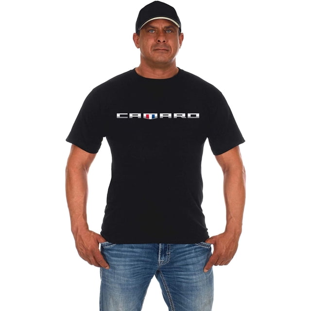 JH Design T-Shirt à Manches Courtes Noir à Col Ras du Cou pour Hommes Chevy Camaro Shield