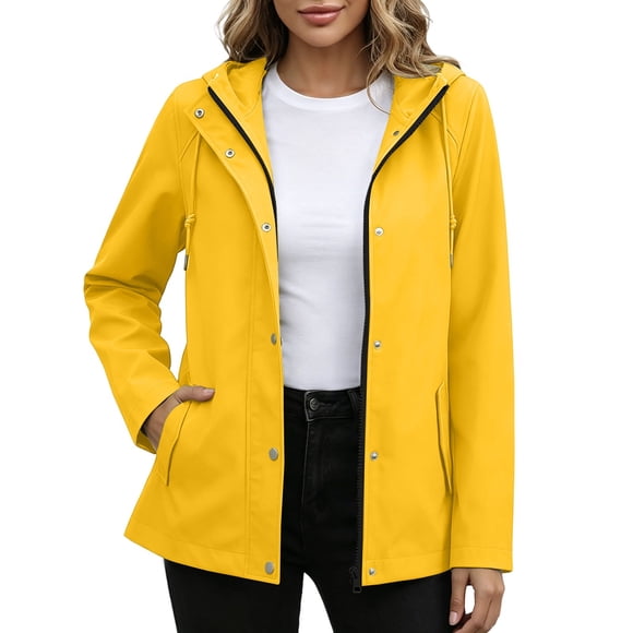 Brnmxoke Womens Waterproof Raincoat Summer Solid Lightweight Drawstring Hood Zip up Rain Jacket Casual Hiking Outdoor Windbreaker with Pockets Yellow,XL