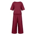 thumbnail image 4 of Tenues d'Été en Coton et Lin 2 Pcs pour Femmes, Ensembles 2 Pcs en Coton et Lin pour Femmes avec Hauts Courts à Bretelles et Pantalons à Jambes Larges, Tenues Décontractées Amples Unies à Col Rond et Manches Courtes, 4 of 6