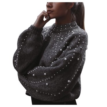 Chandail d'Hiver Gris à Col Rond Manches Longues en Tricot Perlé pour Femmes