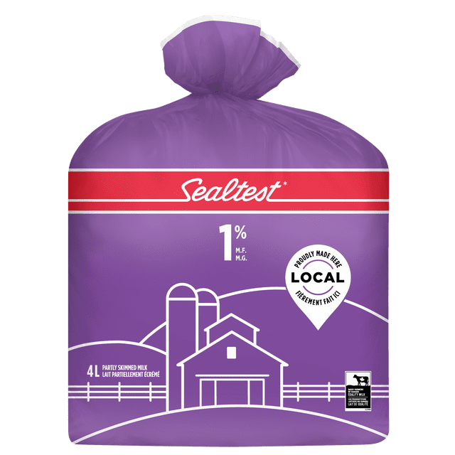 Sealtest Partly Skimmed 1% Milk in a 4L purple plastic bag with a red Sealtest logo band, featuring white line art of a farm with barn and silos, labeled 1% milk fat, locally made in Canada, and an excellent source of calcium and vitamin D.