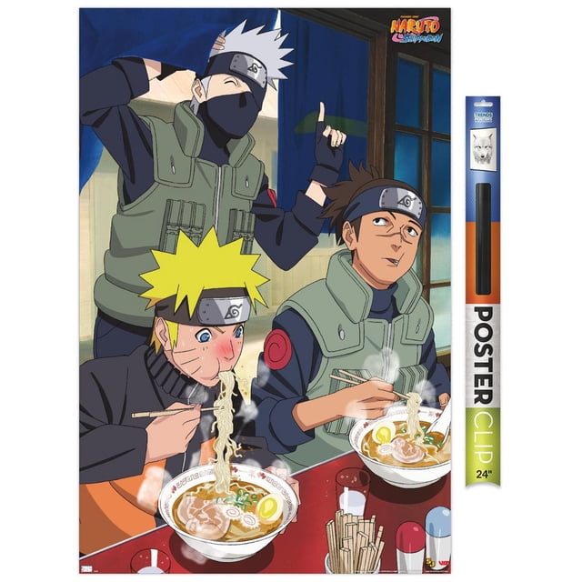 Naruto Shippuden - Food Wall Poster, 22.375" x 34" framed depicting three Naruto Shippuden characters eating steaming ramen bowls with chopsticks at a red table indoors, wearing ninja headbands and green tactical vests, with a window and blue curtains in the background, ideal for anime-themed room or party decoration.