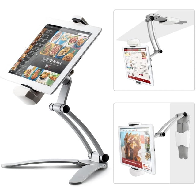 ALUMINUM Tablet Stand Mount by WINGOMART in silver, featuring an adjustable arm and 360-degree rotating headpiece. Compatible with 4 to 12.9-inch devices, including iPads, Samsung tablets, and smartphones. Shown in three configurations: tabletop, wall-mounted, and under-cabinet. Ideal for kitchens, offices, and classrooms.