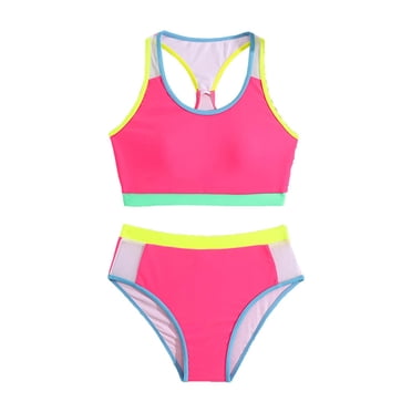 PMVFHDE Maillot de Bain pour Fille 2 Pcs Haut de Bikini Ajustable avec Bas de Bikini Triangle Été Uni Bikini pour Enfants Maillot de Sport pour Filles Ensemble de Bikini Adolescentes Rose Vif, 7-8 Ans