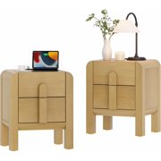 WAMPAT Modern Nightstand Set of 2, 23.7" Tall, Oak, Wood Bedside Table, Charging Station, 2 Storage Drawers, Curved Design, Sofa Side Table, End Table, Bedroom, Living Room, Oak