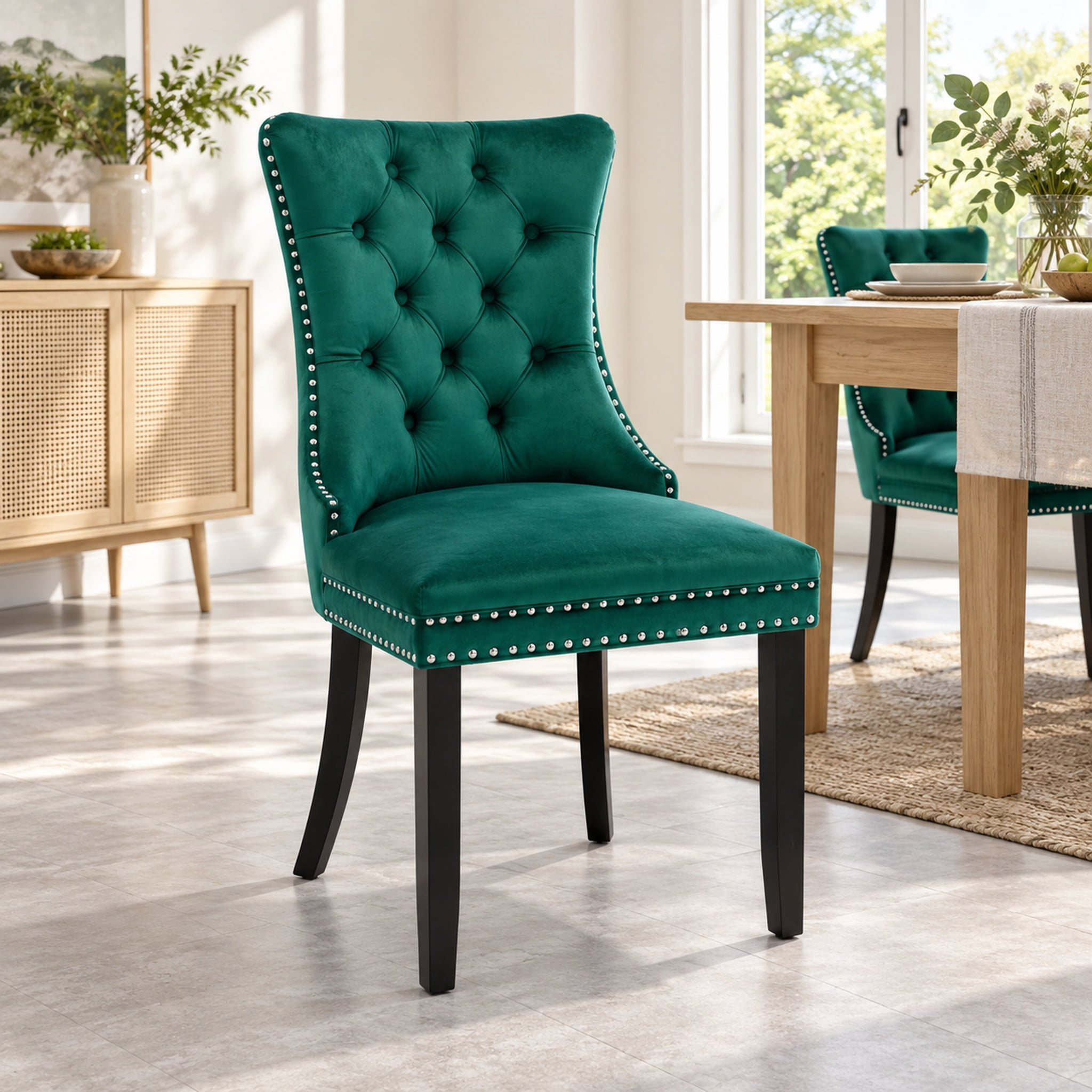 Homy Casa Green Velvet Tufted Dining Chairs Set of 2 with Solid Wood Legs and Nailhead Trim