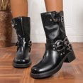 thumbnail image 2 of Buckle Mid Calf Motorcycle Riding Boots for Women Fashion Studded Punk Square Toe Wide Calf Cowboy Booties, 2 of 7
