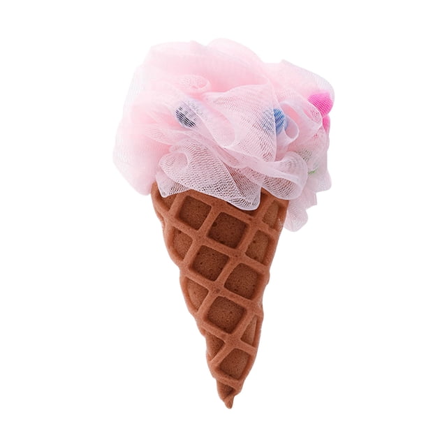TopLLC Bath Loofah Sponge in a cute ice cream design featuring a brown waffle cone base and a pink fine mesh pouf resembling ice cream. Includes a hanging rope for easy storage. Designed for gentle exfoliation and deep cleaning, suitable for kids, men, and women. The loofah is lightweight, durable, and creates a rich lather with minimal soap or body wash.