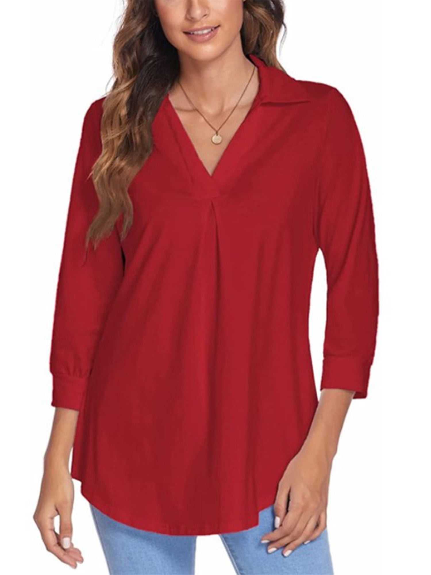 LUXUR Haut Femme Ample Tunique Chandail Manches 3/4 Chemise Col en V Blouse Rouge TG