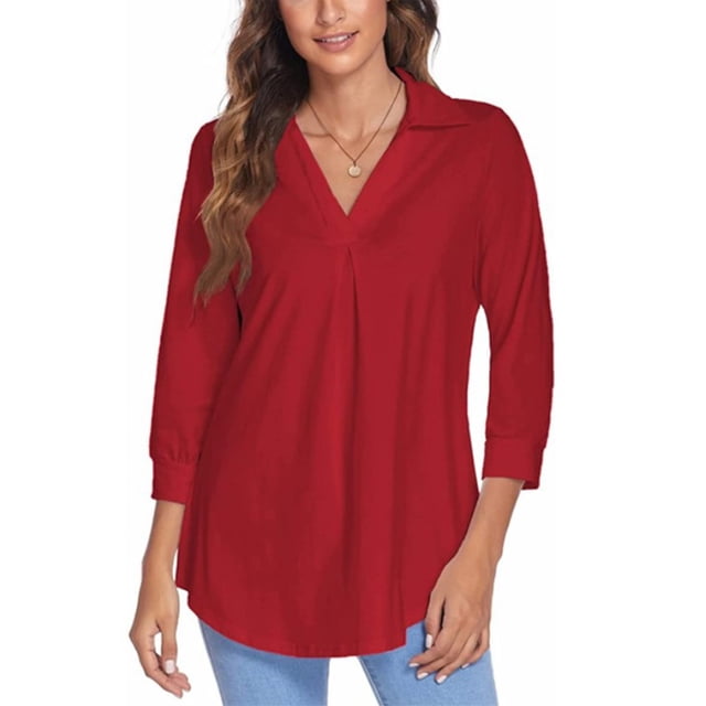 LUXUR Haut pour Femme Ample et Décontracté Tunique Chandail Manches 3/4 Chemise Col en V Blouse en Rouge, Taille G. une Blouse Décontractée pour Femme avec un design Uni, Col en V et Coupe Longueur Hanche. Fait de polyester Doux, Idéal pour la Mode de Printemps, le Travail, les Vacances Ou le Quotidien.