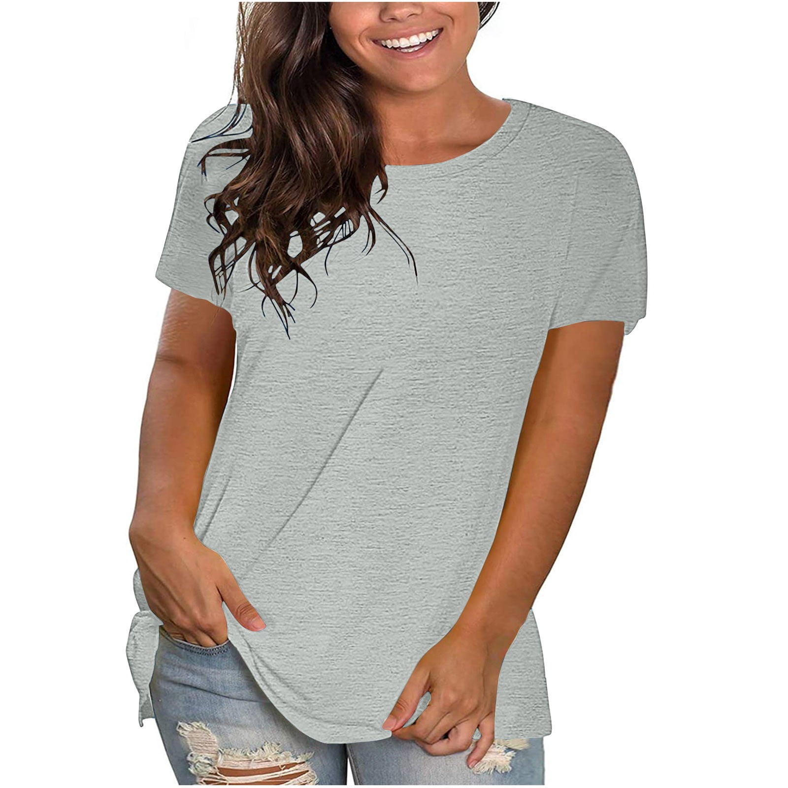 cfhntfmh Plus Size Tops for Women Crew Neck Short Sleeve Shirts Summer Solid Color Loose Basic T-Shirts Tees