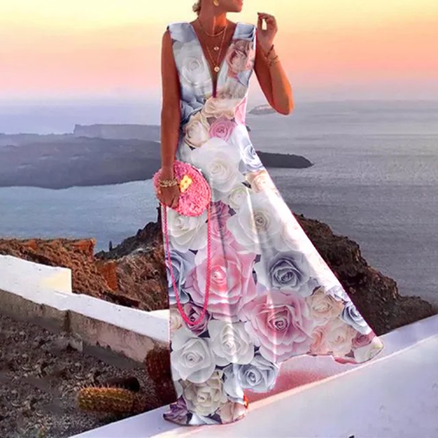 SMihono Robe Maxi Bohème d'Été pour Femmes Grande Taille Mode Décontractée d'Été Sans Manches à Col en V Robe Imprimée à Fermeture Éclair Robe pour Femmes Longues Robes Robe de Plage Évasée