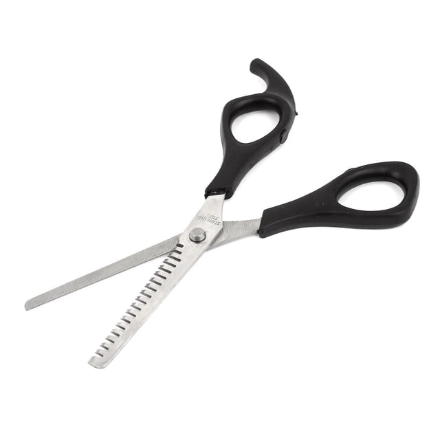 Unique Bargains Professional Hair Cutting Shaving Scissors Thinning Shears with silver tone stainless steel blades and black plastic handles. These hair care tools are designed for barbers and measure approximately 16.5 x 6 cm (6.5 x 2.4 inches) when closed, weighing 26g. Ideal for precise hairstyling and thinning.