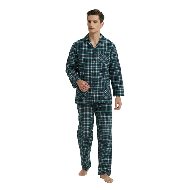GLOBAL Men's Flannel Pajama Set - 100% Cotton Warm Long Sleeve & Pants, Size S-XXL