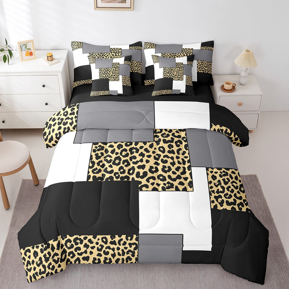 YST Ensemble de Douillette Moderne 7 Pcs Grand Lit, Ensembles de Literie à Imprimé Guépard pour Femmes, Lit Ensaché Abstrait Mi-Siècle, Ensembles de Lit Réversibles Noir Blanc Brun avec Ensemble de Draps en Microfibre
