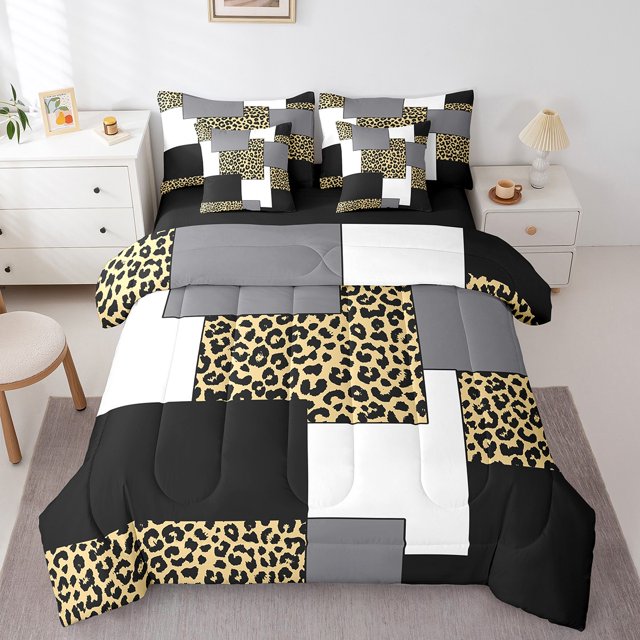 YST Ensemble de Douillette Moderne 7 Pcs Grand Lit, Ensembles de Literie à Imprimé Guépard pour Femmes, Lit Ensaché Abstrait Mi-Siècle, Ensembles de Lit Réversibles Noir Blanc Brun avec Ensemble de Draps en Microfibre