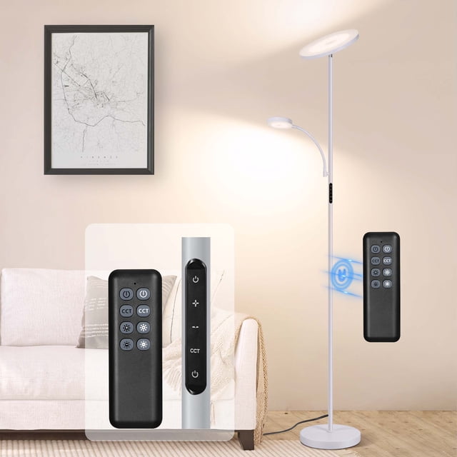 OUTON LED Floor Lamp with Side Light in silver, a modern standing lamp with adjustable brightness and color temperatures. Features a main lamp and a flexible side reading lamp, controlled via touch and remote. Ideal for living rooms, with a stable weighted base and sleek design. Displayed in a cozy living room with a beige sofa and wall art.