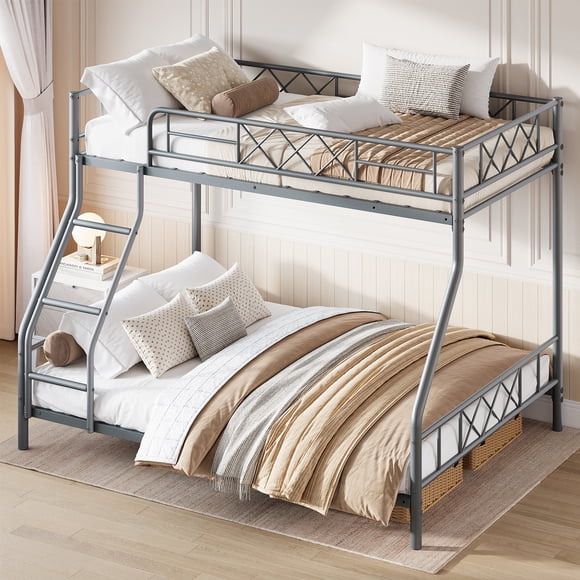 Space-Saving Heavy Duty Metal Twin Over Full Bunk Bed – Sturdy Steel Frame with Ladder & Full-Length Guardrails – Perfect for Adults & Teens – No Box Spring Needed – Gray
