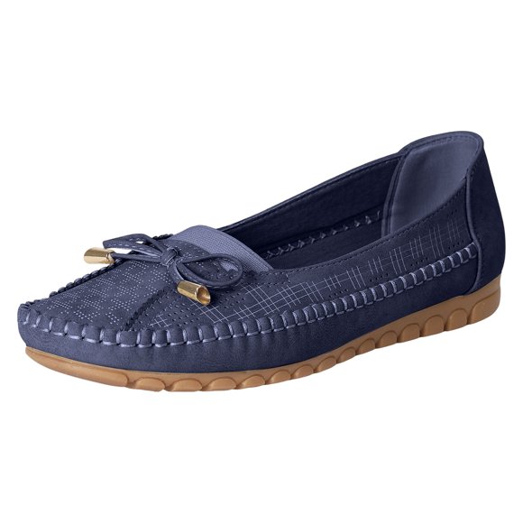Women's Retro Suede Leather Loafers Bow Soft Soled Lightweight Walking Flats Comfortable Driving Moc Toe Boat Shoes Blue Size 9.5