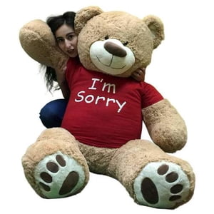 I'm Sorry Giant Teddy Bear 5 Feet Tall Tan Color Soft Wears T shirt that says I'M SORRY