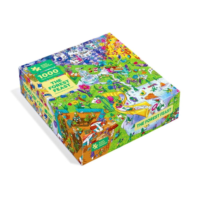 Le Festin de la Forêt - Casse-Tête de 1000 Pcs de Magic Puzzle Company - Série Deux Montrant une Boîte Colorée avec des Oeuvres Fantaisistes à Thème Forêt Mettant en Vedette des Animaux, des Plantes et des Scènes Ludiques en Vert, Jaune, Bleu et Brun Vibrants. le Casse-Tête Incarne un design de Jeu et des illusions d'Optique pour un Défi Engageant, Imprimé sur Carton Hollandais de Qualité Supérieure avec un Emballage Écoresponsable.