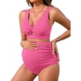 thumbnail image 1 of Charmo V Neck Maternity Swimsuits Ribbed Twist Front Bikini Sets High Waist Pregnancy Bathing Suits for Womens, 1 of 5