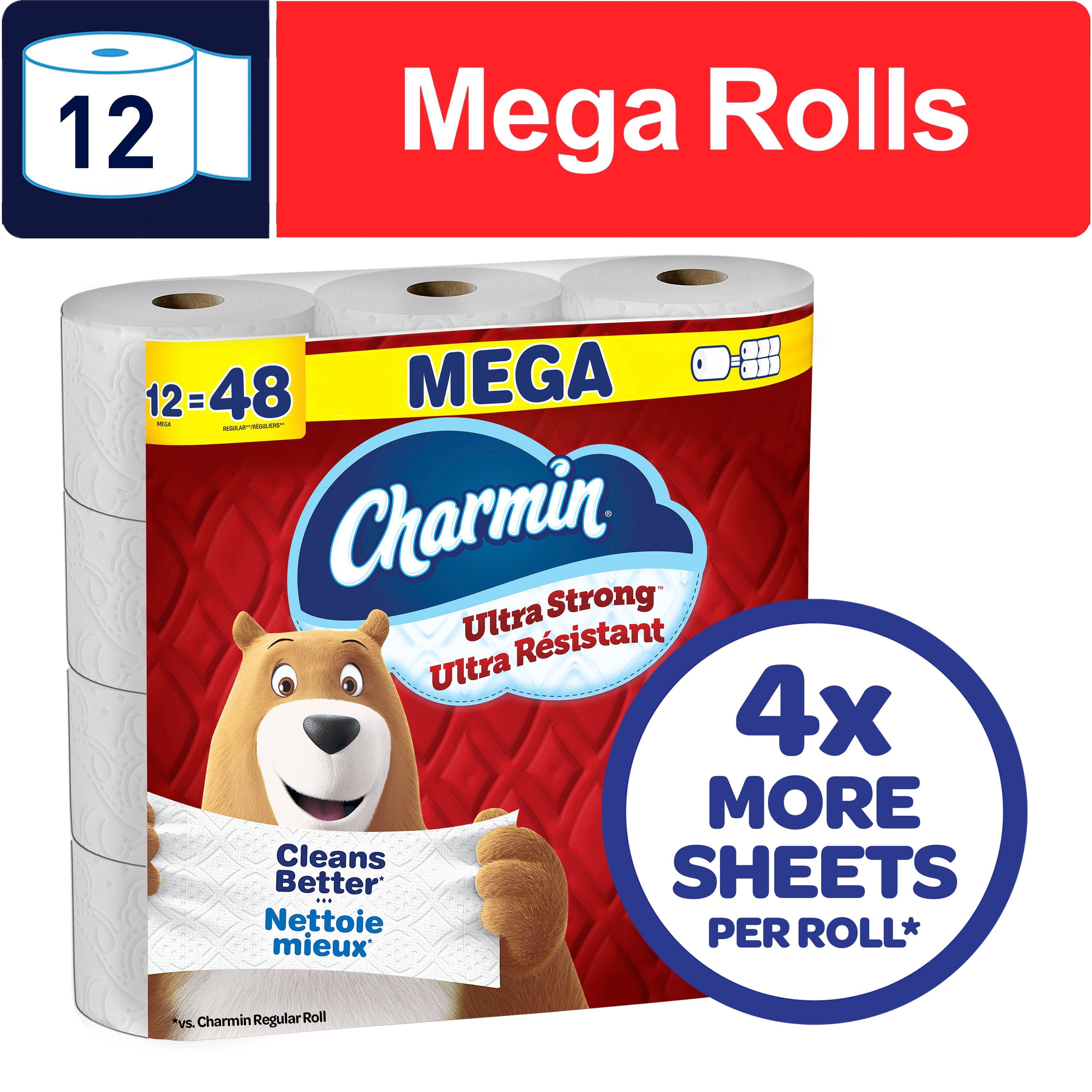 Charmin Toilet Paper Ultra Strong, 12 Mega Rolls (48 Regular Rolls Equivalent), 2-ply Bathroom Tissue